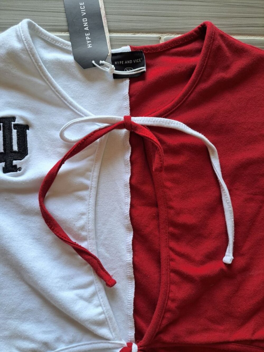 NEW IU Half-Red Half-White Crop Top XL Hype And Vice Front Tie Hoosiers College - Picture 4 of 8